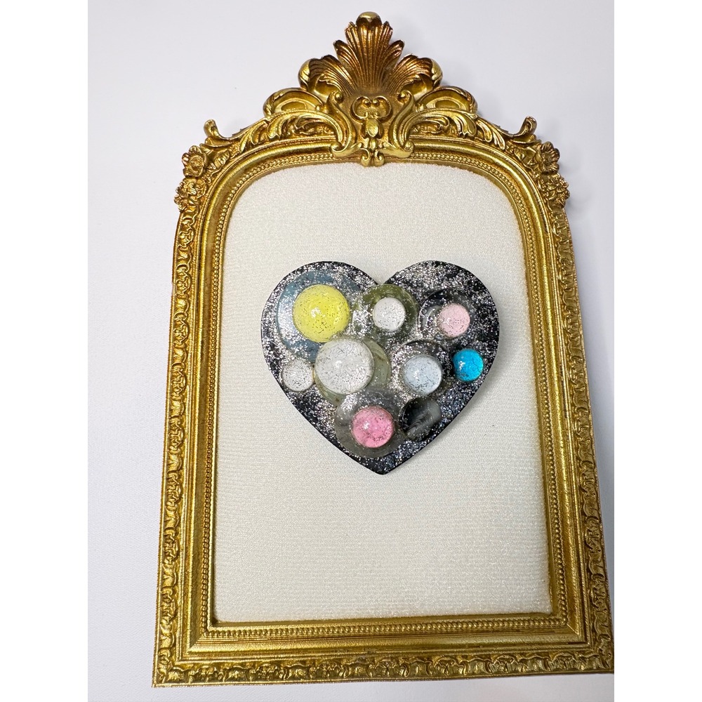 Vintage Heart Brooch Pin Mixed Media Glitter Colorful Orbs Statement Art